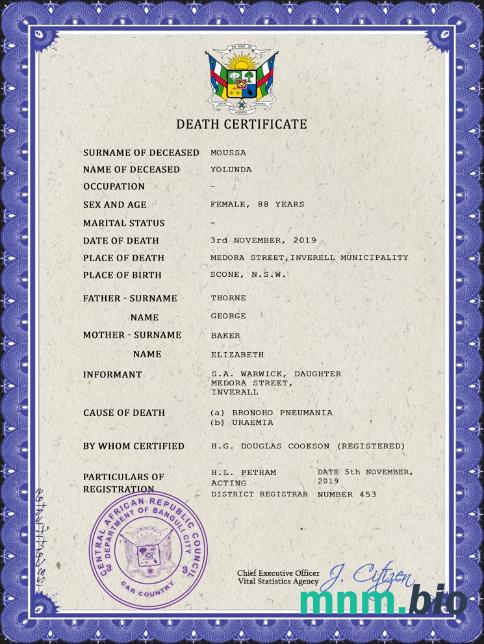 Central African Republic śmierć certyfikat PSD szablon